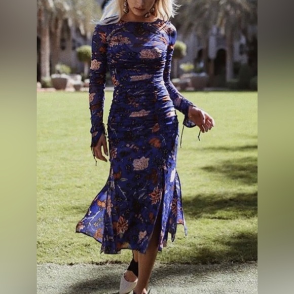 RESERVED - DIANE VON FURSTENBERG CANTON ELECTRIC BLUE FLORAL RUCHED MIDI DRESS - Picture 3 of 13